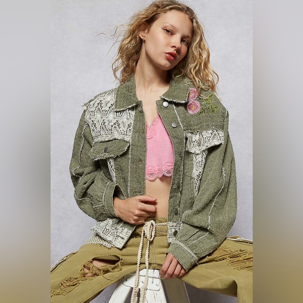 POL Olive Green Distressed Patchwork Jacket with White Lace and Pink Embroidery - Picture 3 of 6